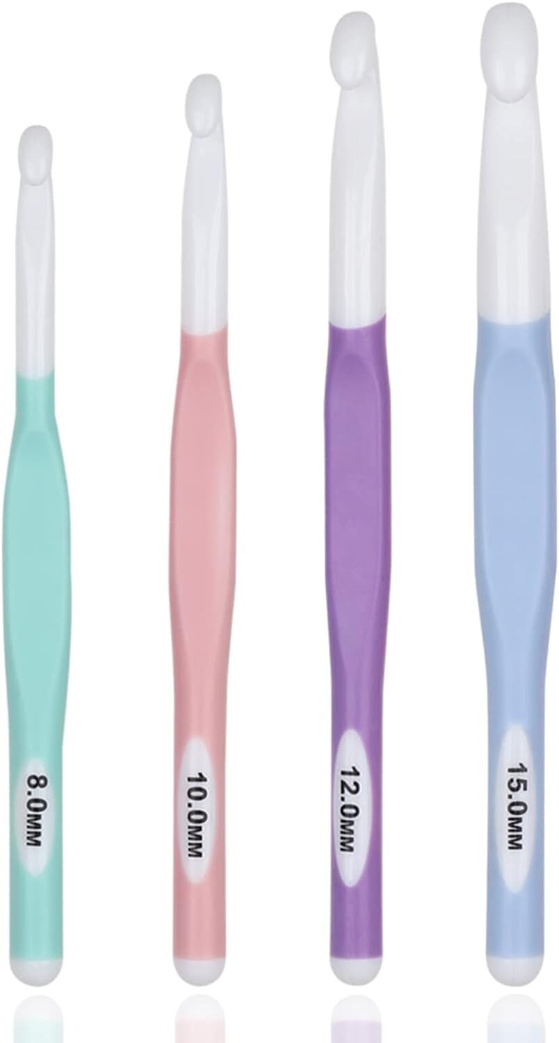 Large Sizes Crochet Hooks 4 Pcs Long Crochet Needles Set 8Mm 10Mm 12Mm 15Mm Rubber Handle Crochet Hook DIY Yarn Weaving Tools for Knitting Blankets, Shawl and Carpet