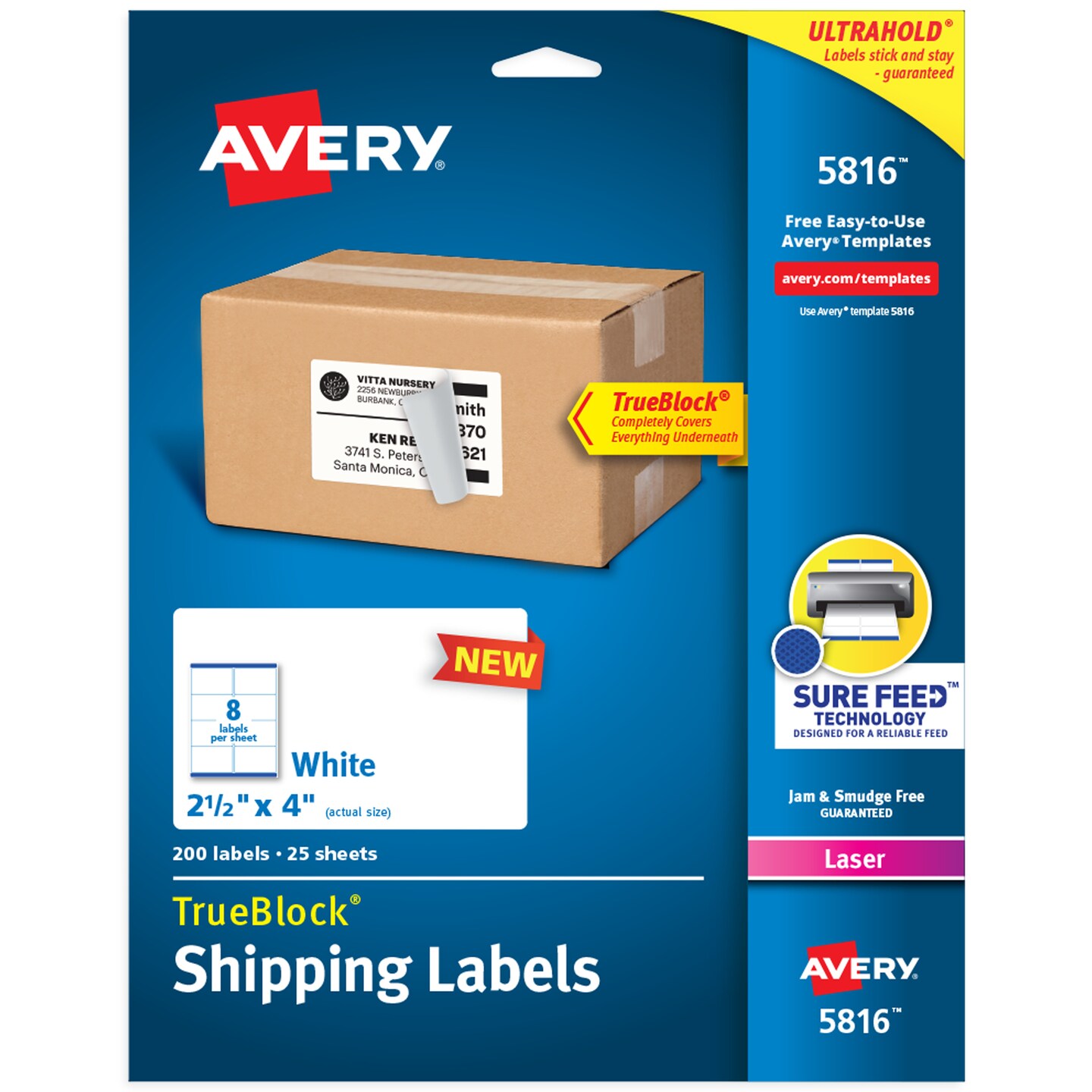 Avery Printable Blank Shipping Labels, 2.5&#x22; x 4&#x22;, White, 200 Labels, Laser Printer, Permanent Adhesive (5816)