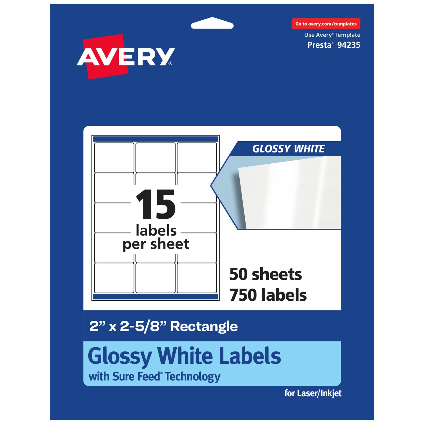 Avery Glossy White Rectangle Labels with Sure Feed, 2&#x22; x 2-5/8&#x22;