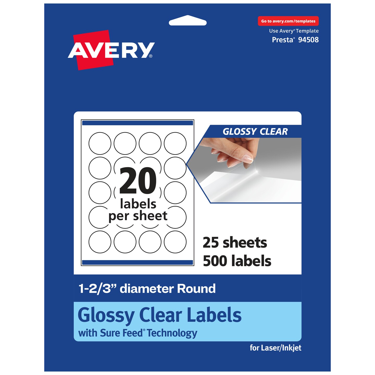 Avery Glossy Clear Round Labels with Sure Feed, 1-2/3&#x22; diameter