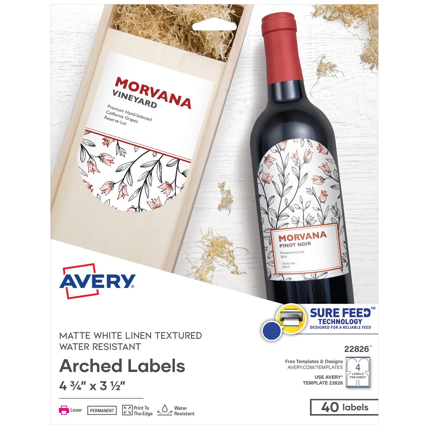 Avery Water-Resistant Arched Labels, Sure Feed, Print to the Edge, Textured Matte, 3-1/2&#x22; x 4-3/4&#x22;, 40 Labels (22826)