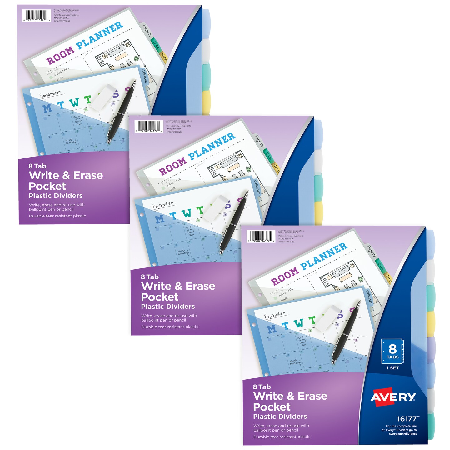Avery Write &#x26; Erase Pocket Plastic Dividers for 3 Ring Binders, 8-Tab Sets, Multicolor, Works With Sheet Protectors, 3 Sets (31701)