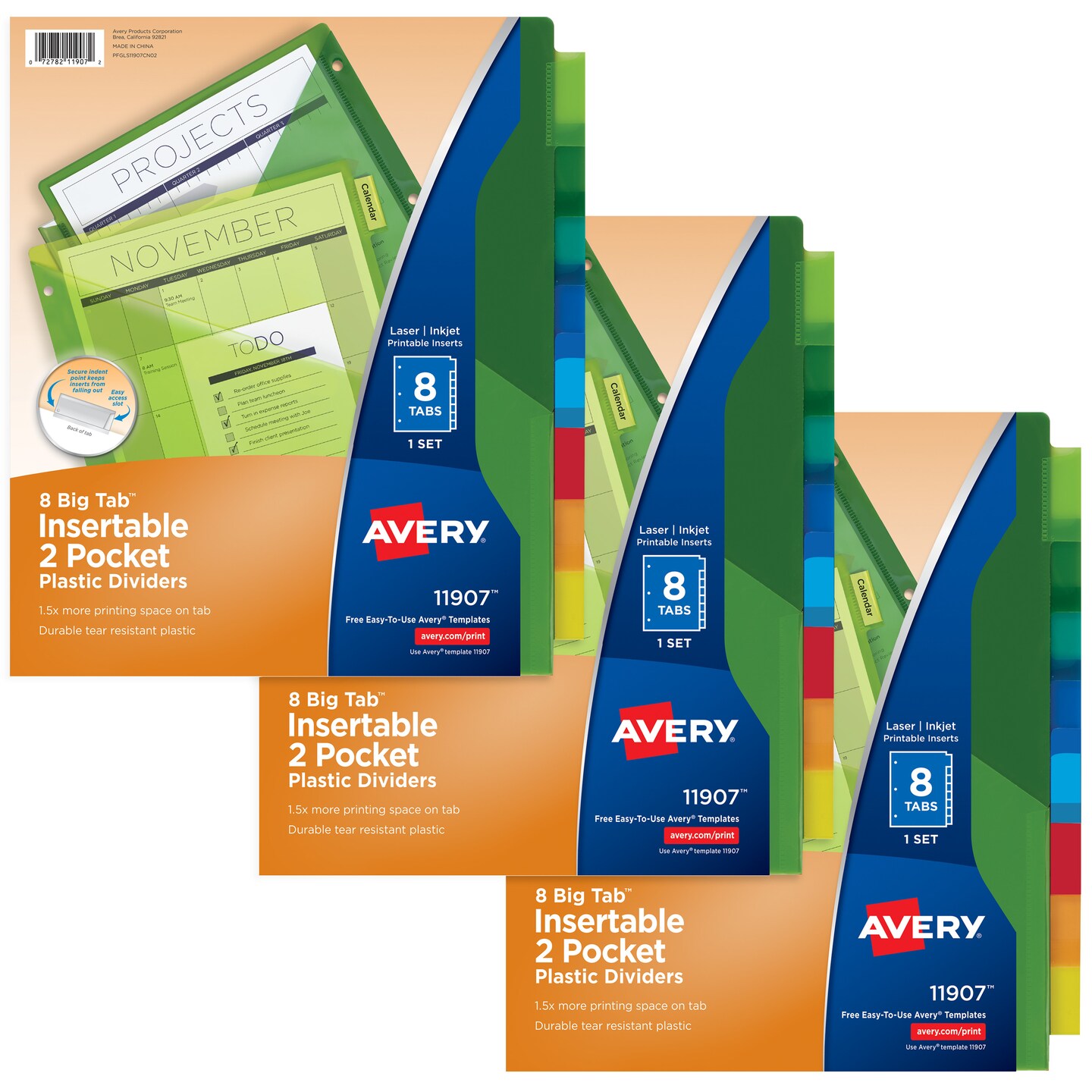 Avery Dividers for 3 Ring Binders, 8-Tab Binder Dividers, Two-Pocket Plastic Binder Dividers, Insertable Big Tab, Multicolor, 3 Sets (71907)