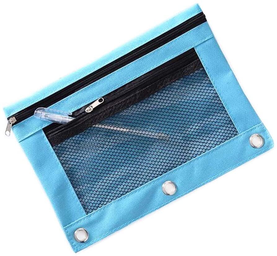 1 Pcs B5 Size Double Zipper 2 Pocket Pencil Bag, Transparent Mesh File  Pouch Case, Zip Binder Pencil Bags Pencil Cases with Rivet Enforced Hole 3  Ring (Blue)