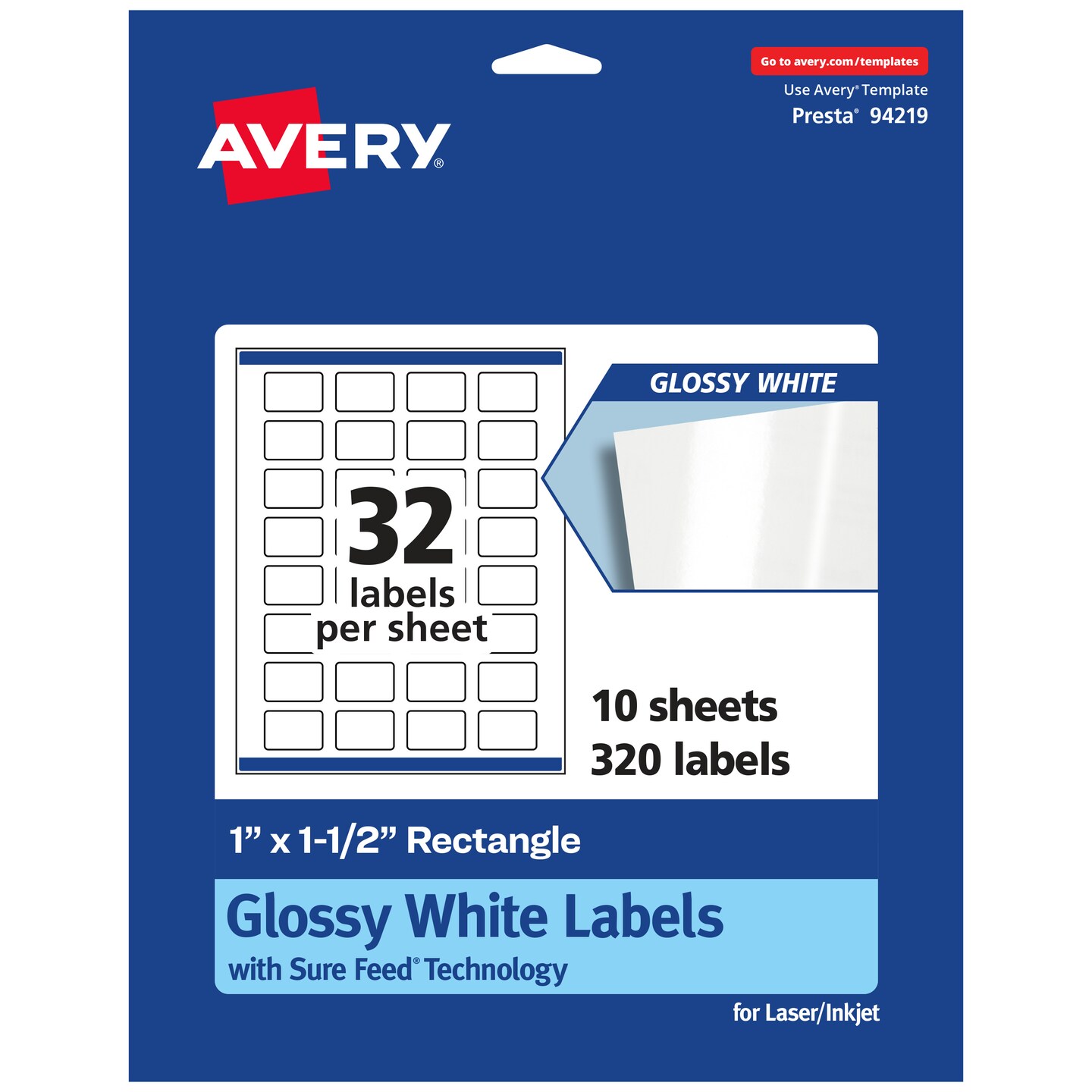 Avery Glossy White Rectangle Labels with Sure Feed, 1&#x22; x 1.5&#x22;