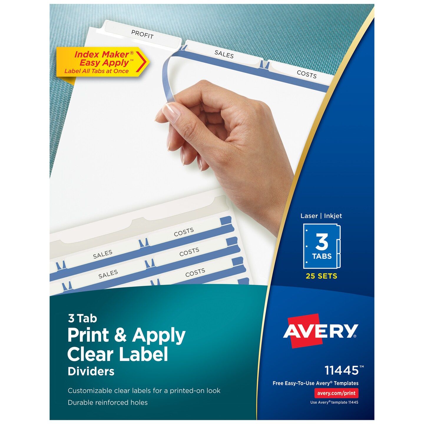 Avery 3-Tab Dividers for 3 Ring Binder, Easy Print & Apply Clear Label Strip, Index Maker Customizable White Tabs, 25 Sets (11445)