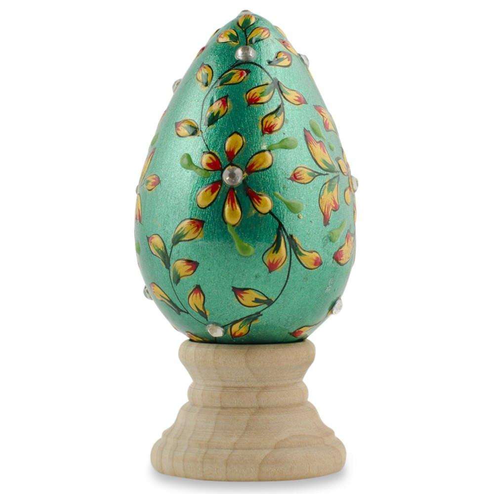 Jeweled Green Flowers Wooden Easter Egg