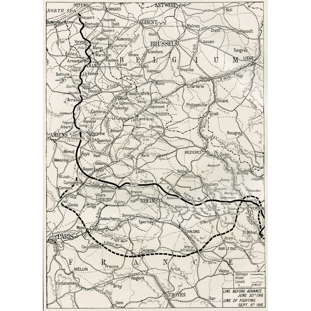 Map Of The Somme Offensive On The Western Front During World War One. From The Year 1916 Illustrated. Print