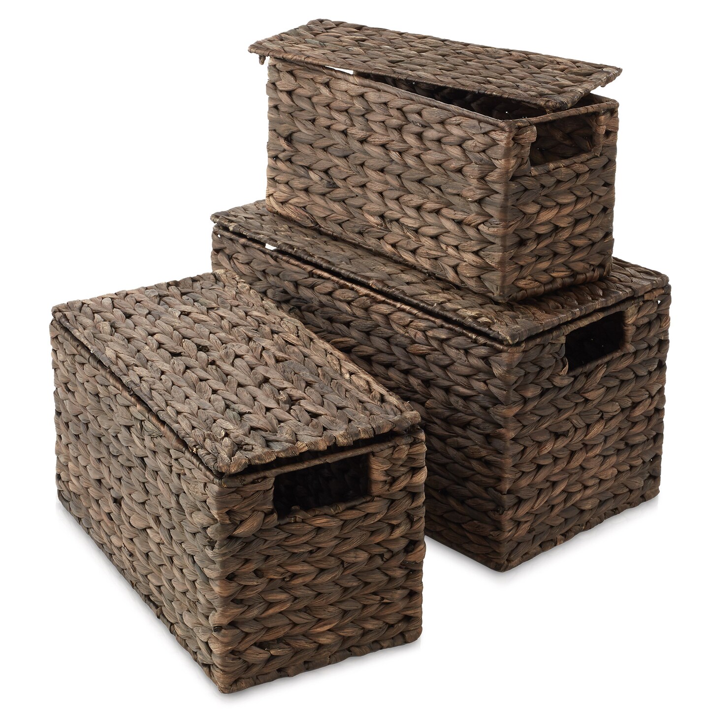 Casafield (Set of 3) Water Hyacinth Storage Baskets with Lids - Small, Medium, Large Woven Nesting Bins for Bathroom, Bedroom, Closets, Shelves