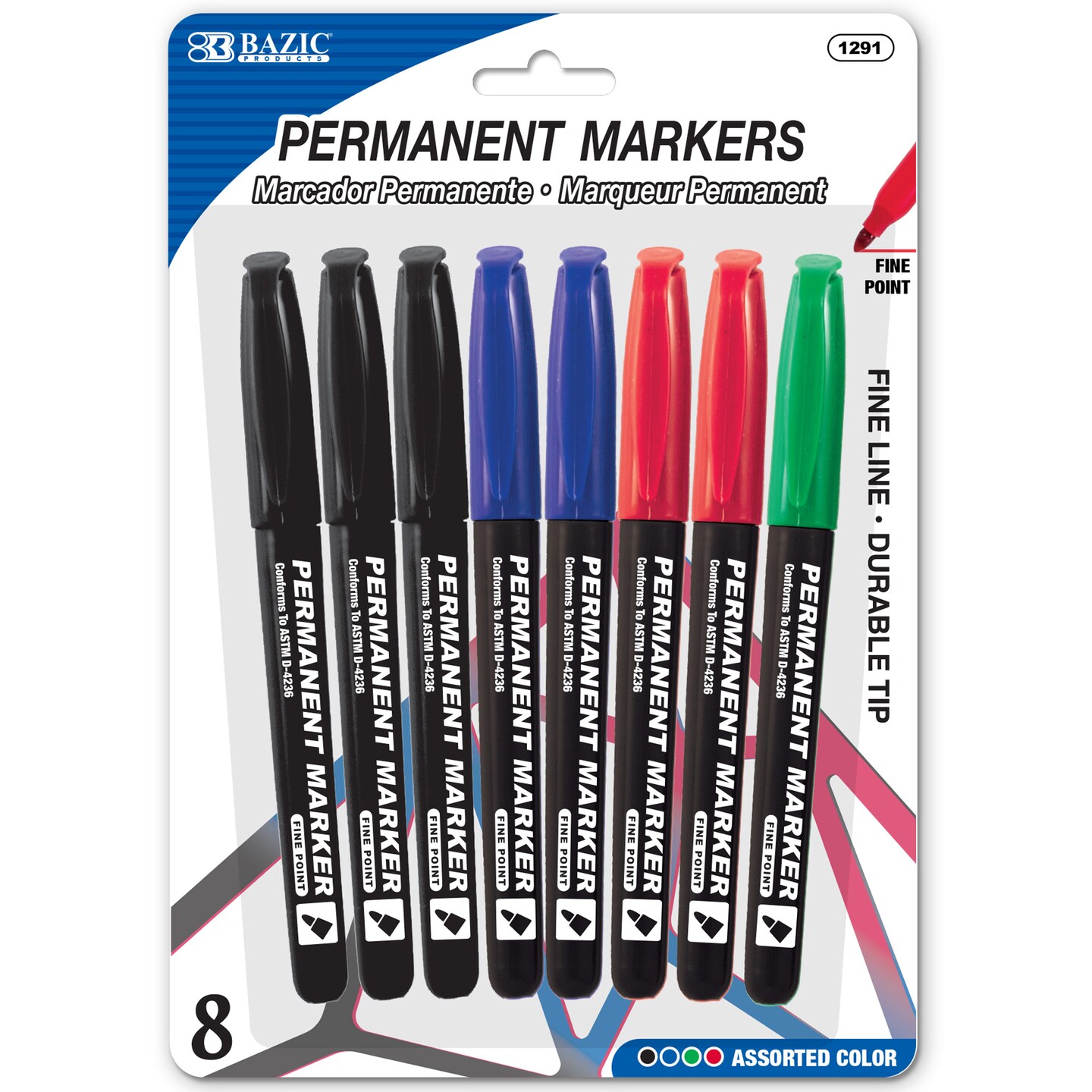 BAZIC Fine Tip Assorted Color Permanent Markers w/ Pocket Clip (8/Pack)