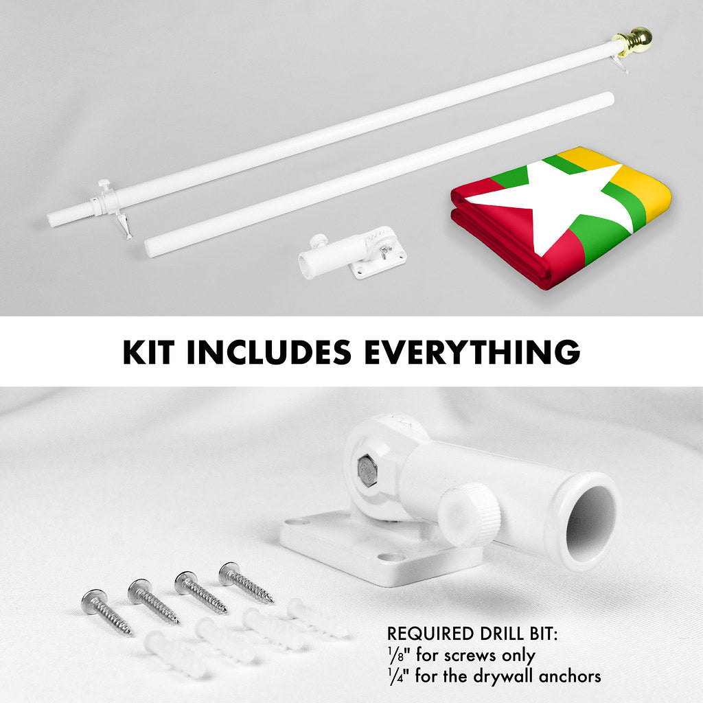 G128 Combo Pack: 6 Ft Tangle Free Spinning Flagpole (White) &#x26; Myanmar Flag 3x5 Ft Printed 150D Polyester, Brass Grommets (Flag Included) Aluminum Flag Pole