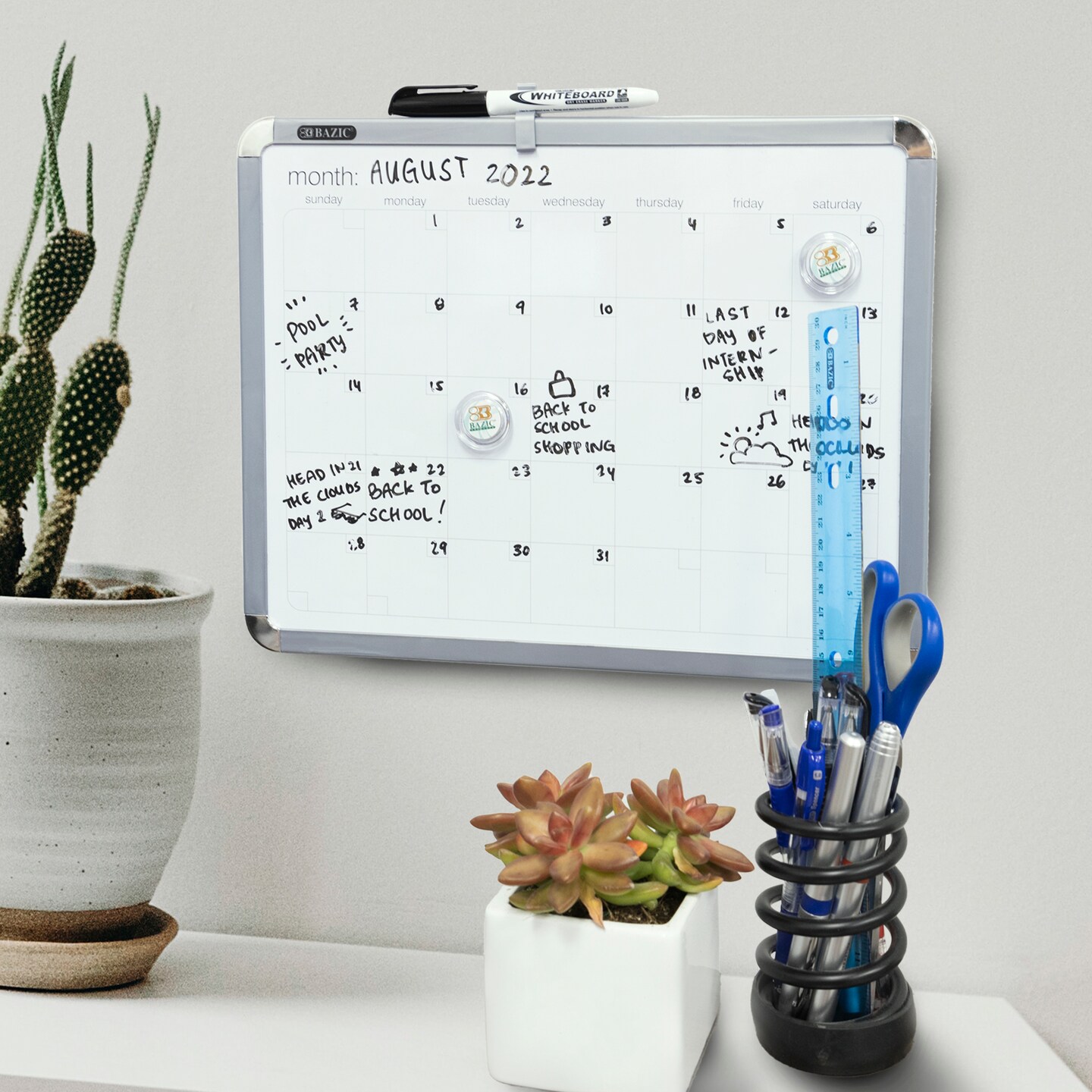 BAZIC CLASSIQUE Magnetic Dry Erase Calendar Board 11&#x22; X 14&#x22; w/ Marker &#x26; 2 Magnets