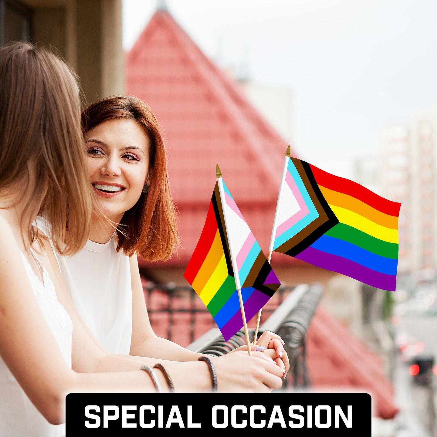 G128 50 Pack Handheld LGBT Progress Rainbow Pride Stick Flags | 12x18 In | Printed 150D Polyester, Country Flag, Solid Wooden Stick, Spear Gold Tip