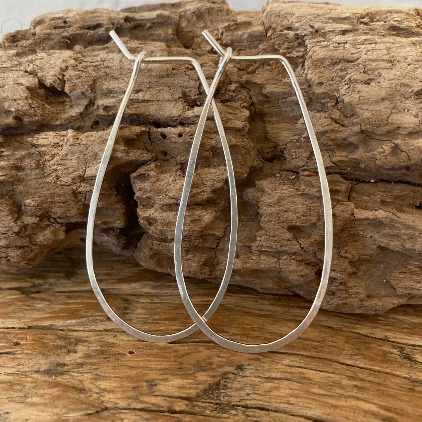 Teardrop Hammered Flat Silver Hoops 322027983544762368