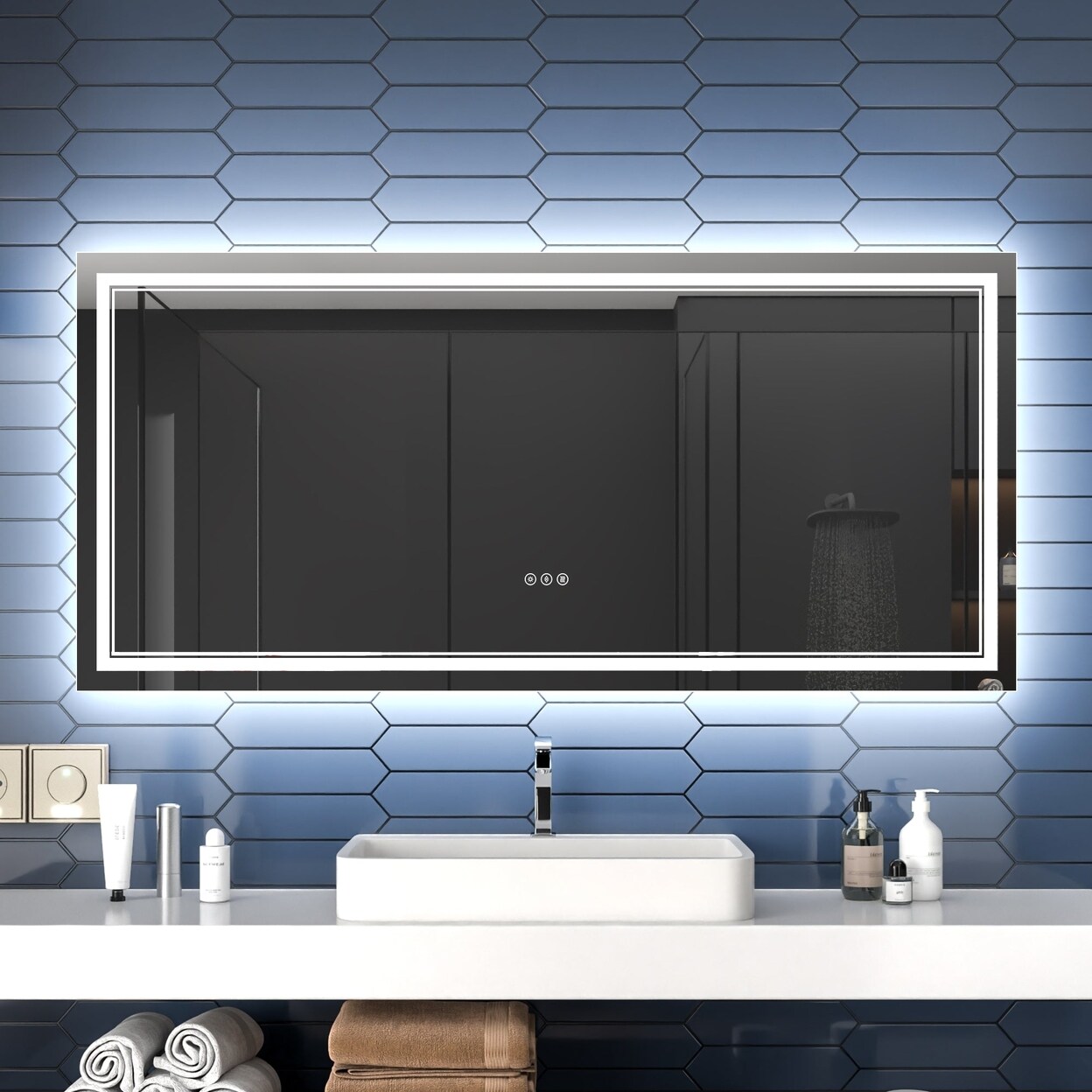 Allsumhome Linea 60&#x22; W x 28&#x22; H LED Heated Bathroom MirrorAnti FogDimmableFront-Lighted and Backlit Tempered Glass