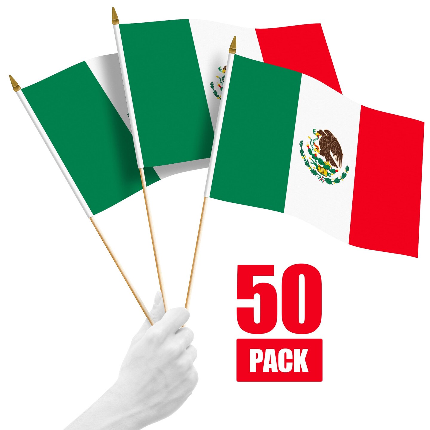 G128 50 Pack Handheld Mexico Mexican Stick Flags | 12x18 In | Printed 150D Polyester, Country Flag, Solid Wooden Stick, Spear Gold Tip