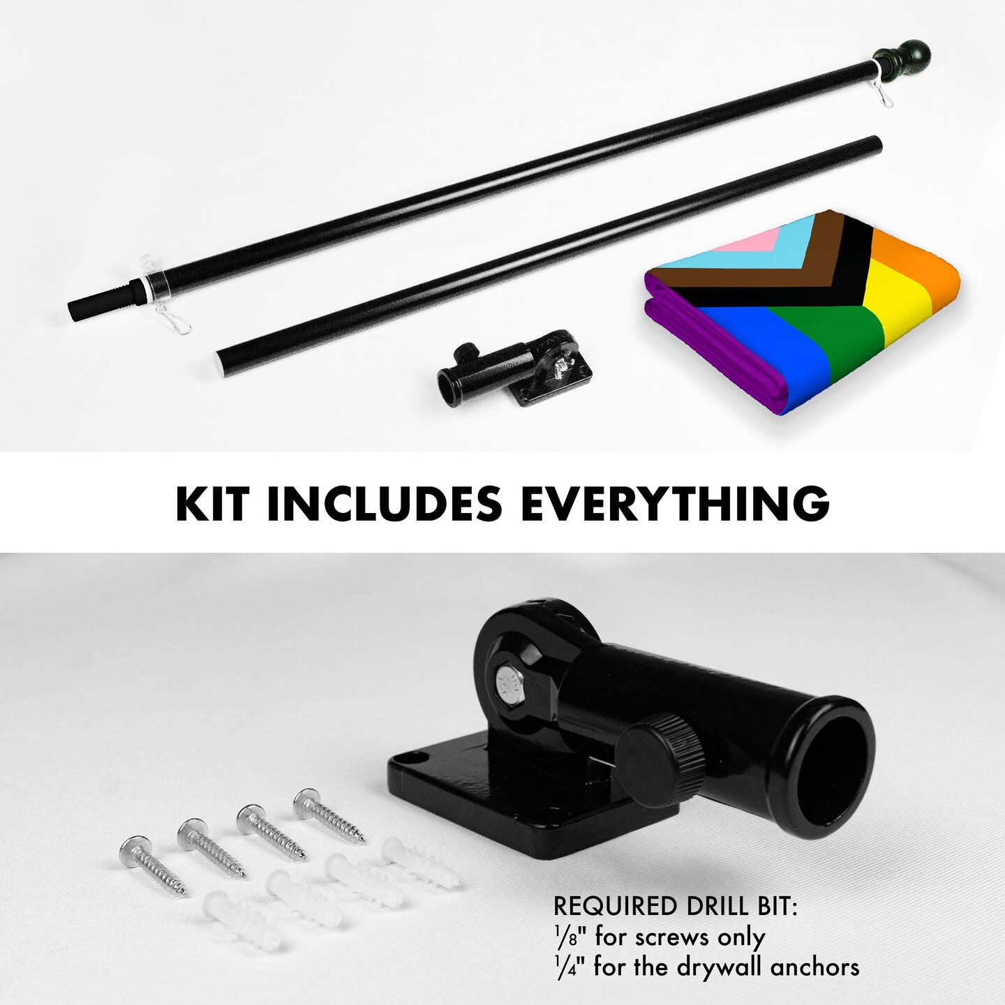 G128 Combo Pack: 6 Ft Tangle Free Aluminum Spinning Flagpole (Black) &#x26; LGBT Progress Rainbow Pride Flag 3x5 Ft, LiteWeave Pro Series Printed 150D Polyester | Pole with Flag Included