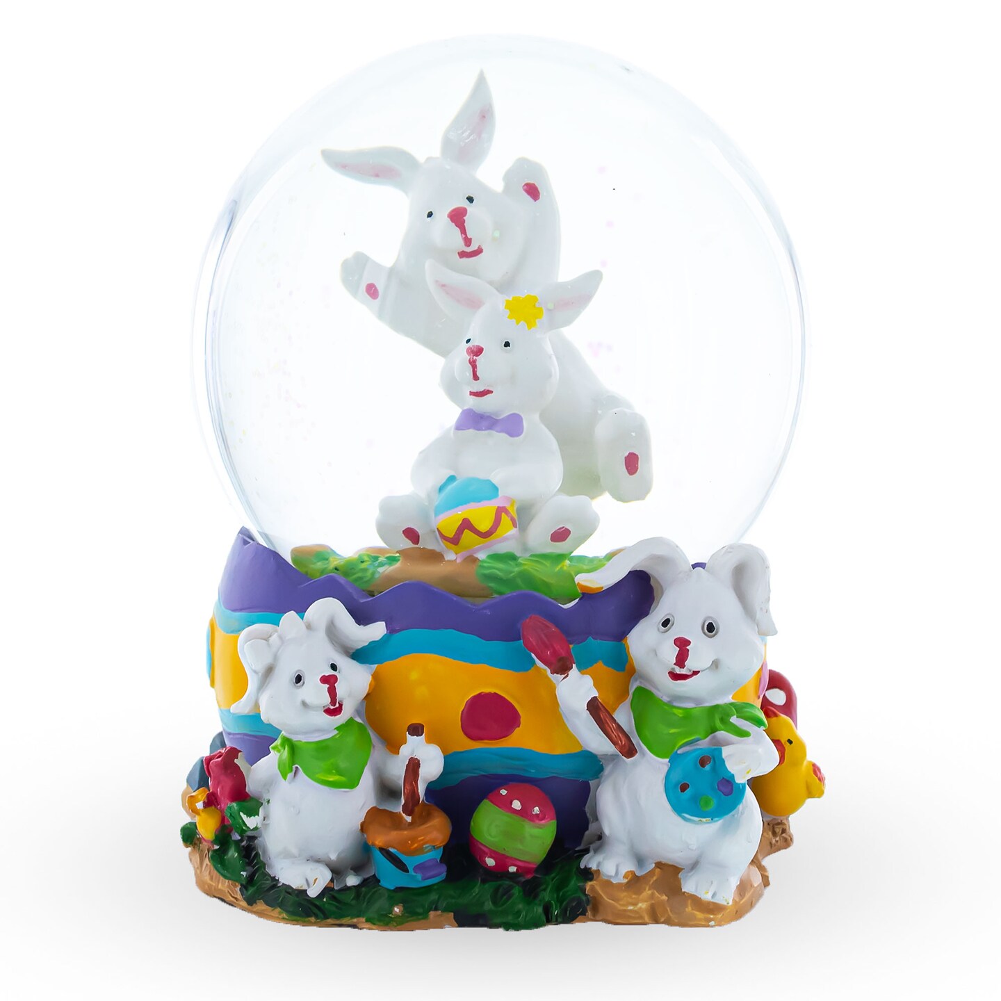 Spring Easter Egg Painting Rabbits Music Box Snow Globe 6 Inches Tall