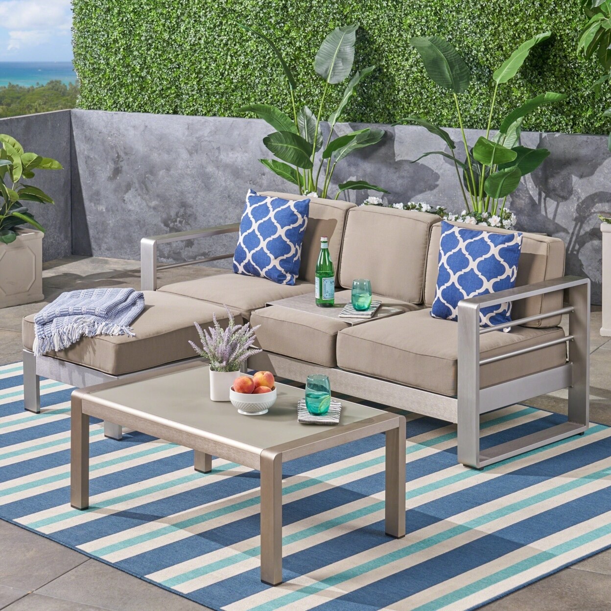 GDFStudio Emily Coral Outdoor Aluminum 3-Seater Sofa Set with Coffee Table and Ottman Silver and Khaki