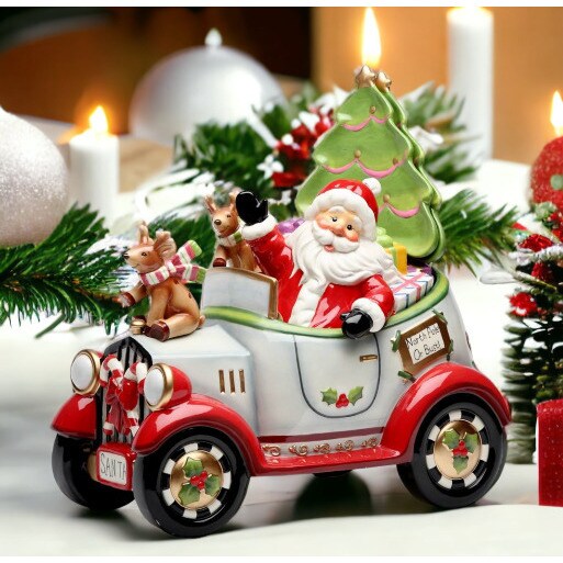 kevinsgiftshoppe Ceramic Christmas Santa Car Cookie Jar with Cookie Plates and Salt and Pepper Shakers Home Decor   Kitchen Decor