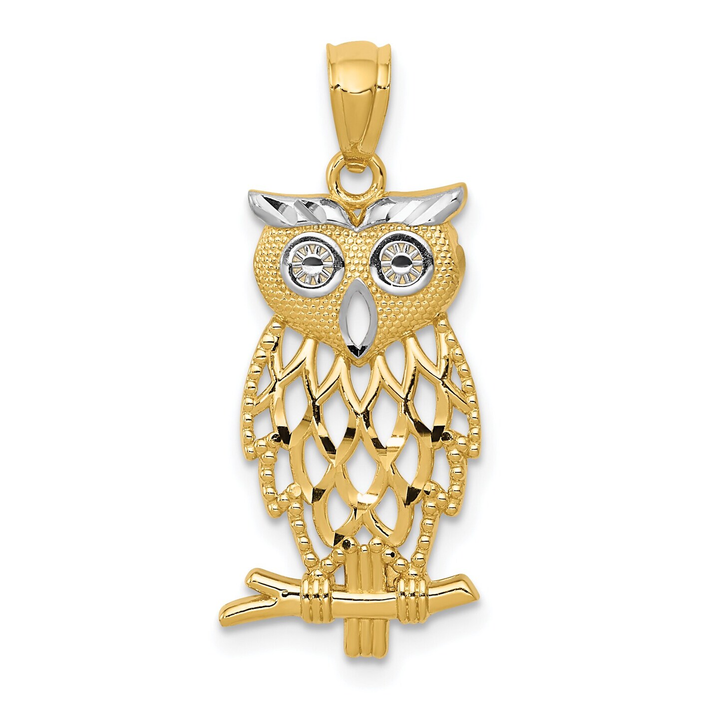 14K Two Tone Gold Diamond Cut Owl Pendant Charm Jewelry 23 x 11 mm