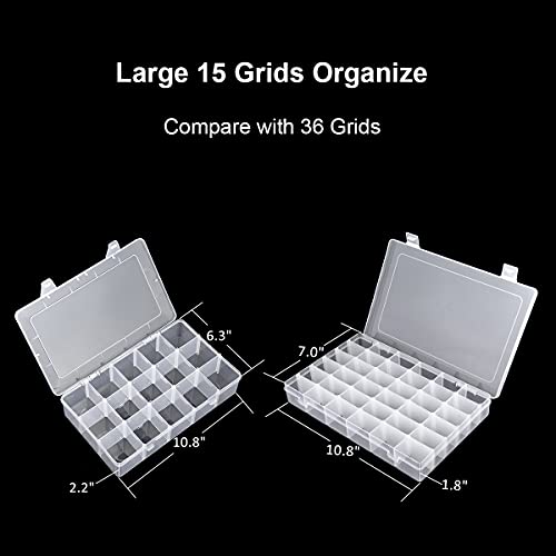  15 Removable Grid Compartment Clear Rectangle Plastic Storage  Box, Jewelry and Crafts Organizer Container with Adjustable Dividers（1 Pack）