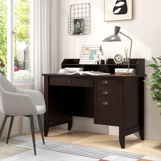 Modern Computer Desk with Storage Shelves and 4 Drawers