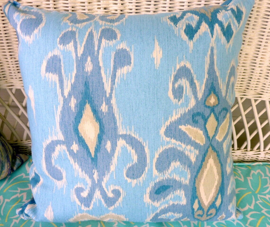 Blue and white Ikat pillow cover made from Richloom fabric MakerPlace
