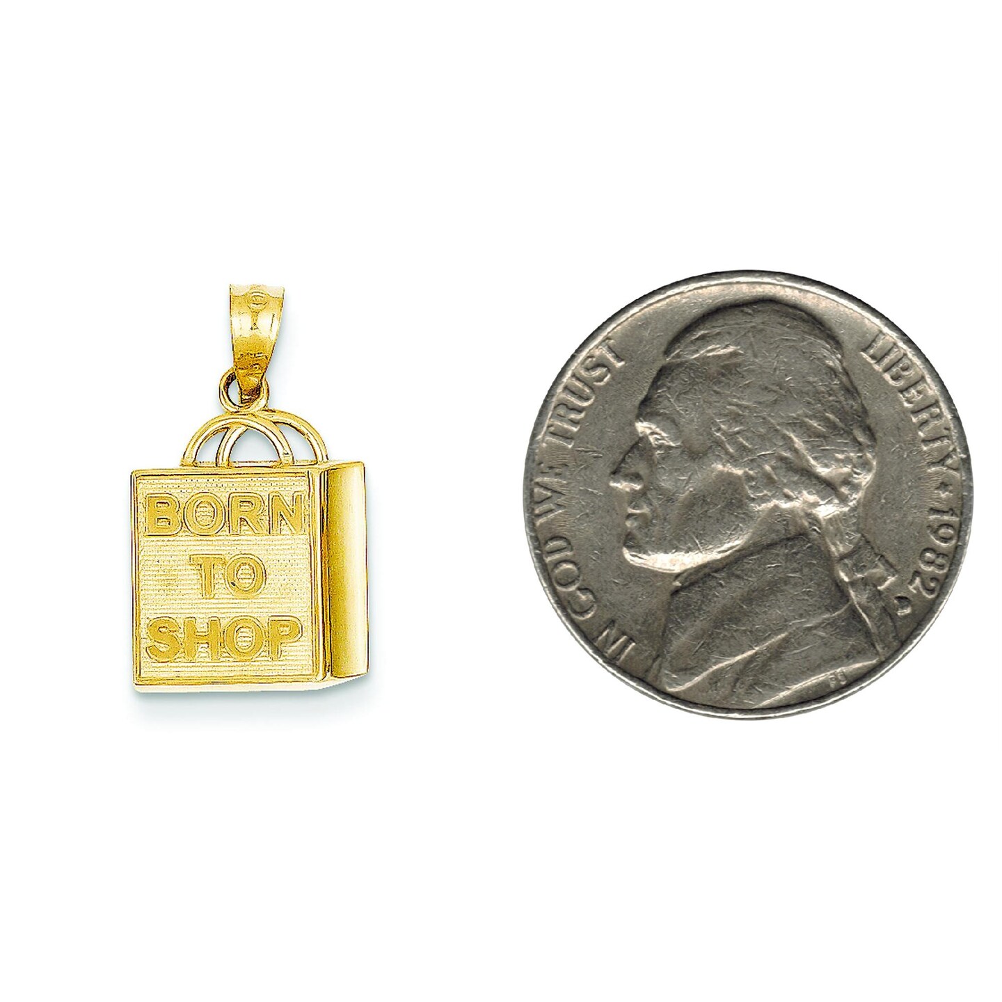 14K Yellow Gold Born to Shop Shopping Bag Charm Pendant Jewerly 14mm x 12mm