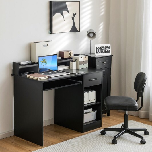 Modern Computer Desk with Large Drawer Pull-Out Keyboard Tray and Multi-Level Storage Shelf