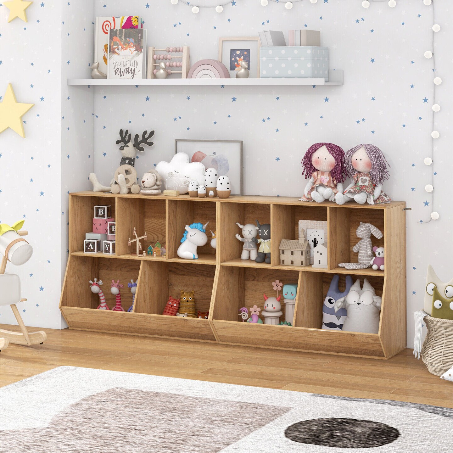 5-Cube Wooden Kids Bookshelf Organizer with 3 Upper Cubes for Books and 2 Large Cubes for Toys