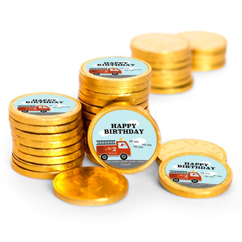 84 Pcs Fire Truck Kid&#x27;s Birthday Candy Party Favors Chocolate Coins with Gold Foil