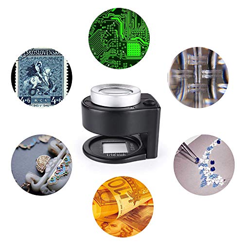 30X Loupe Magnifier with 6 Light,Desktop Portable Metal Magnifier Folding Scale Sewing Magnifing Glass for Textile Optical Jewelry Tool Coins Currency (Black)
