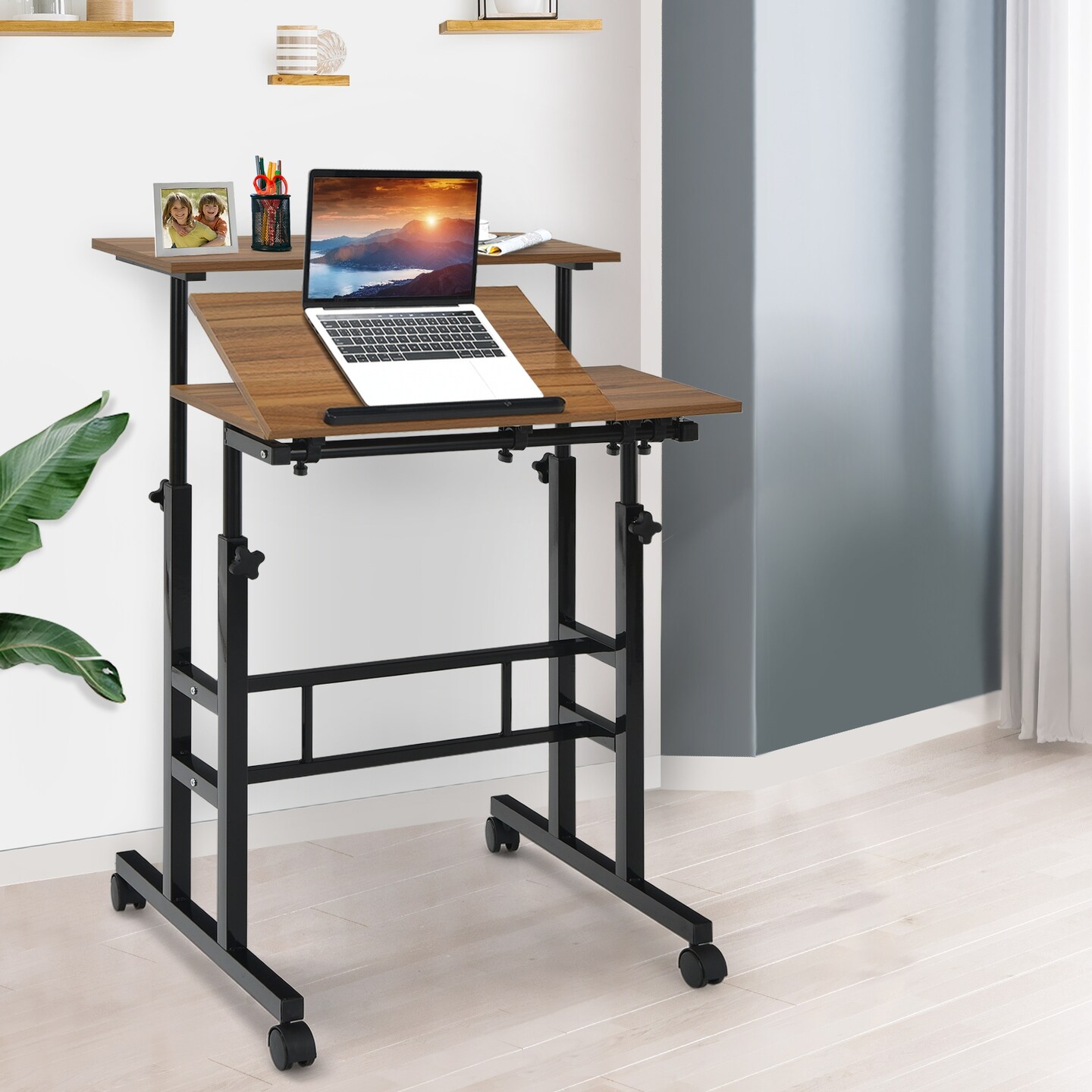 Height Adjustable Computer Desk with 2 Tilting Workstation and 4 Smooth Rolling Lockable Casters