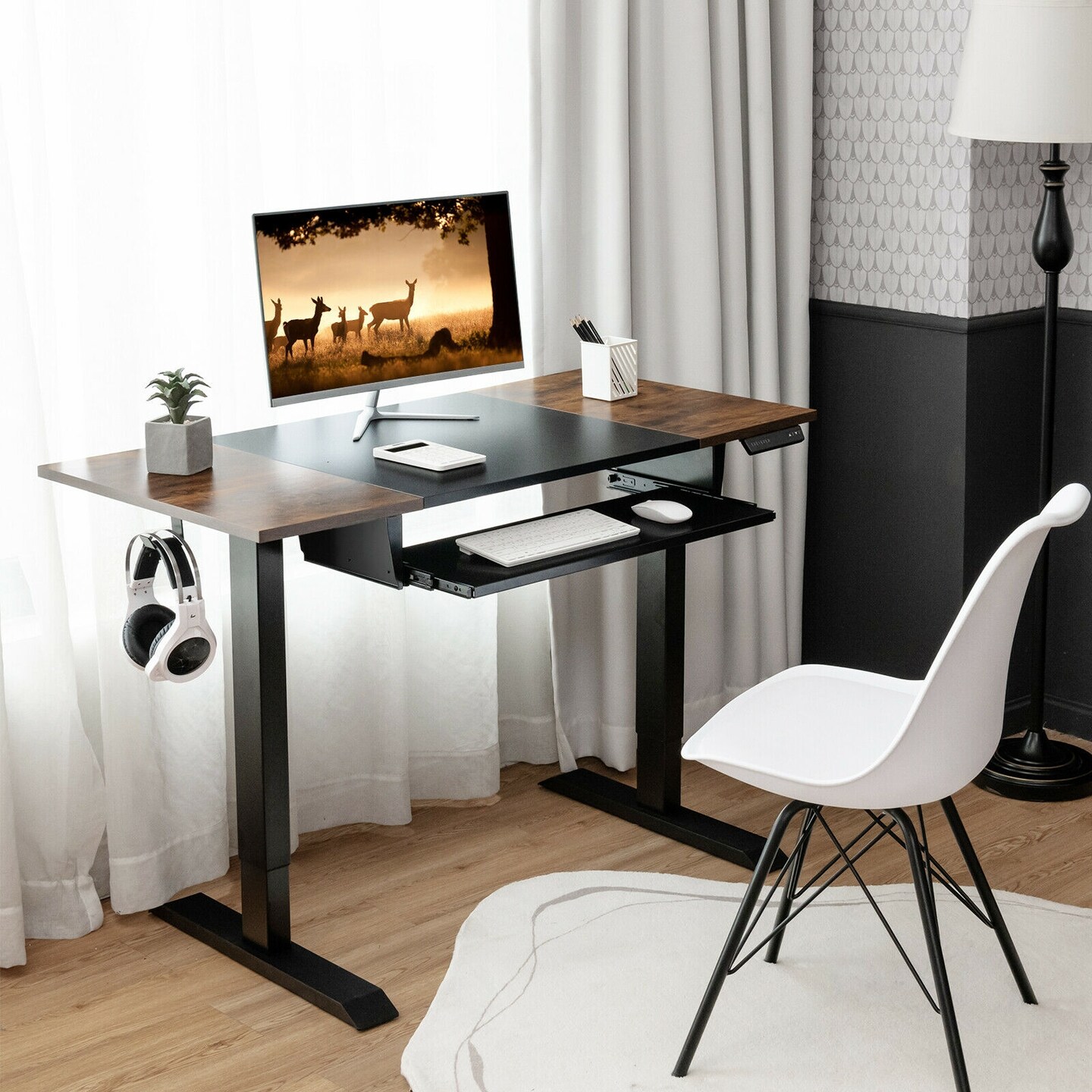 48 Inch Electric Sit to Stand Desk with Keyboard Tray and 2 Hanging Hooks