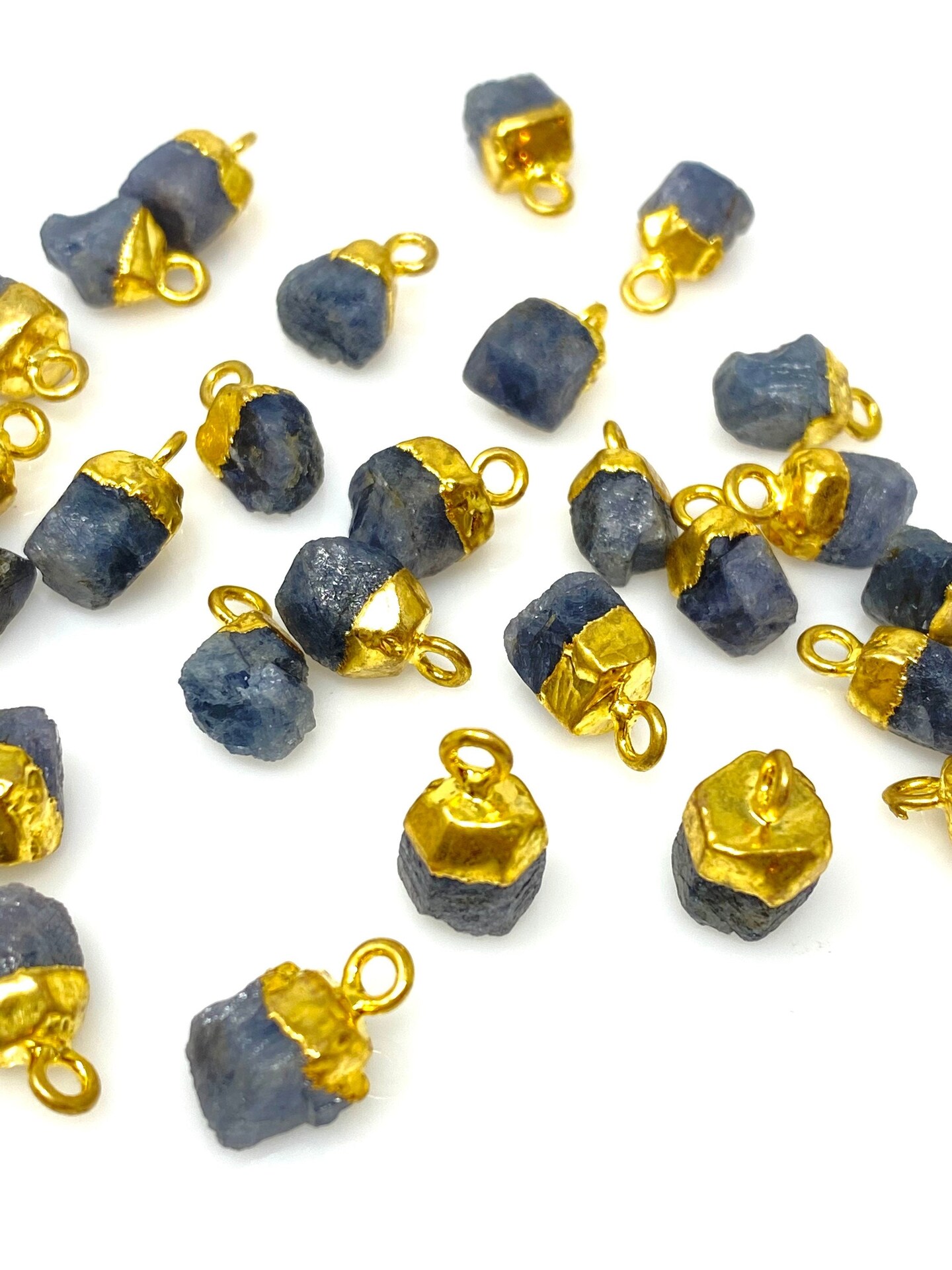 Rough Gold Electroplated Sapphire Gemstone Cap Charms, Blue - 12mm- 15mm - 10 Pieces