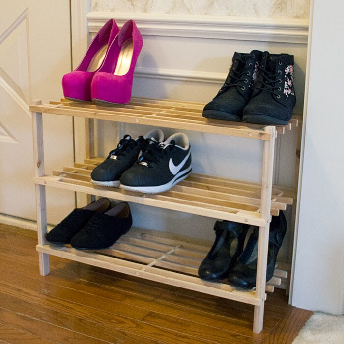 Lavish Home 3 Tier Blonde Wood Shoe Rack For 9 Pairs Easy Assembly ...
