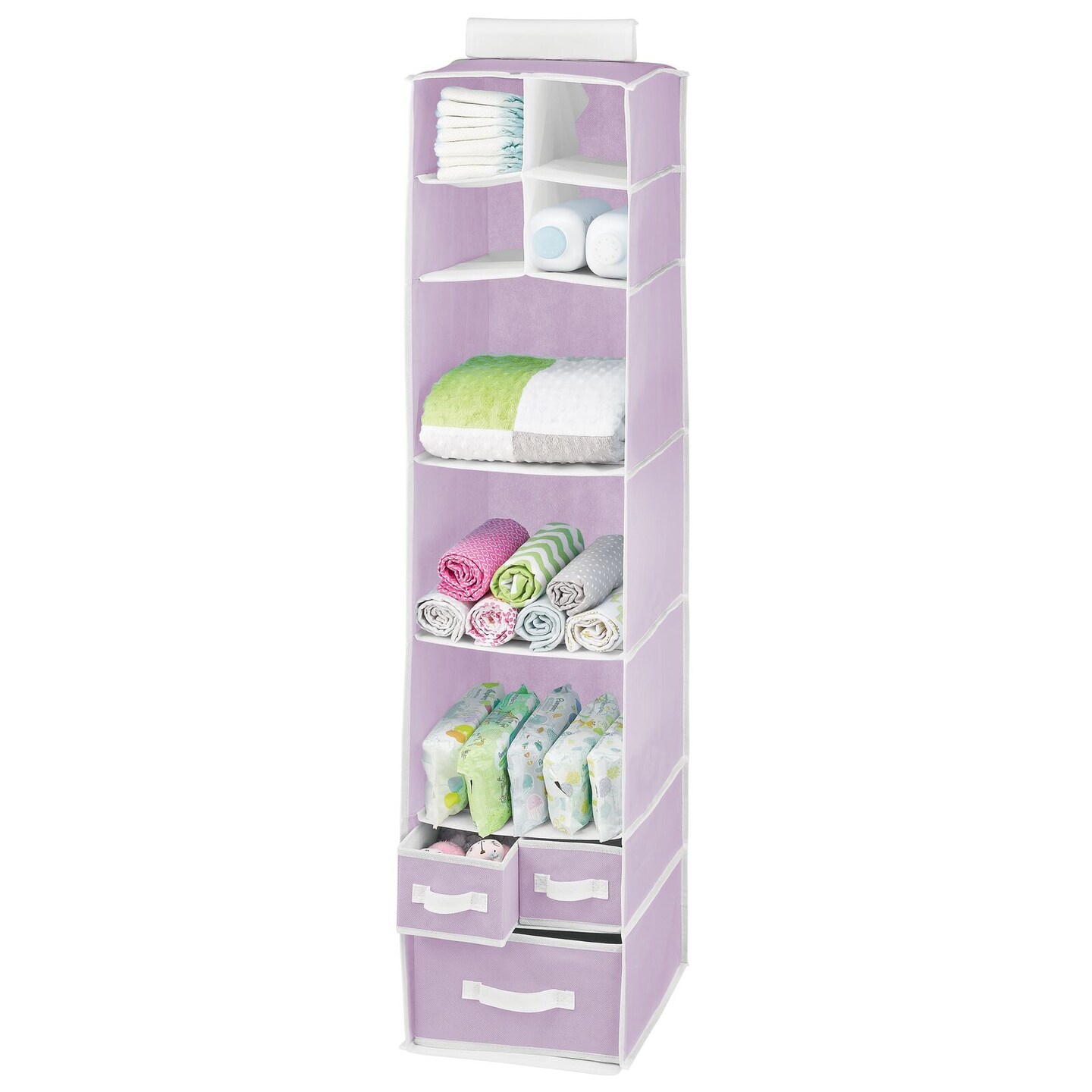 mDesign Fabric Nursery Hanging Organizer with 7 Shelves/3 Drawers
