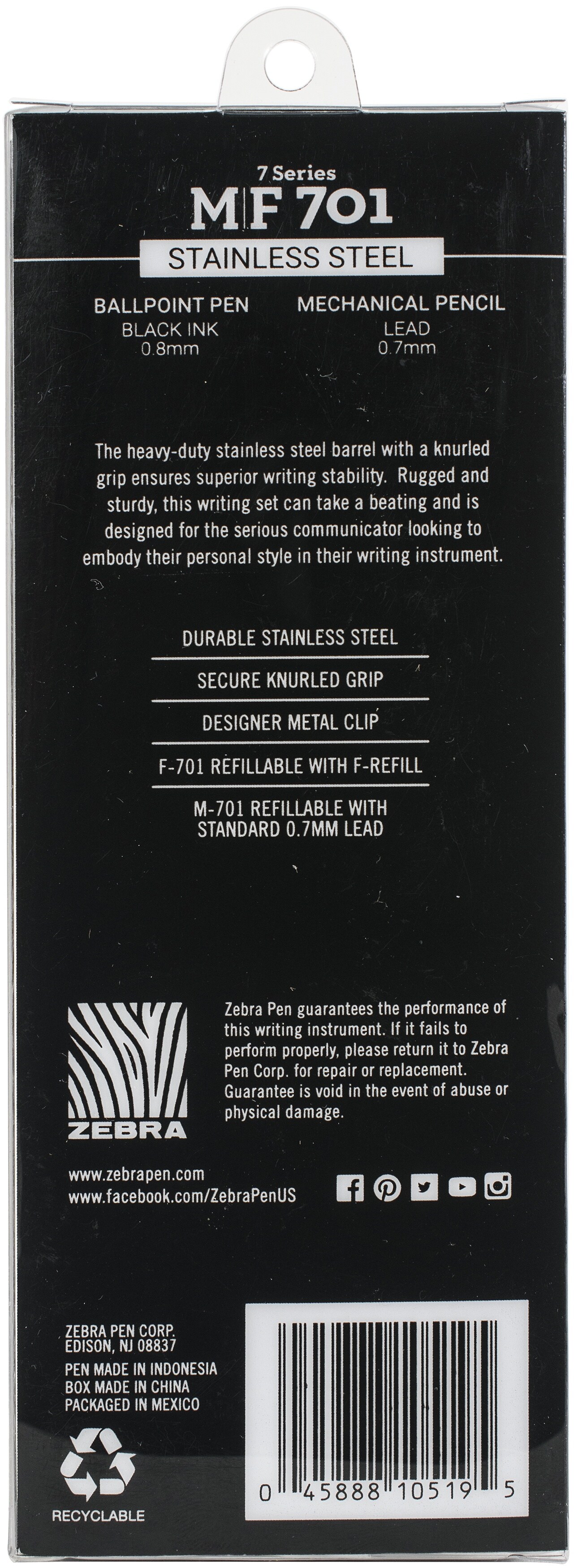 Zebra M/F 701 Stainless Steel Pen &#x26; Pencil Gift Set 2/Pkg-Pen 0.8mm &#x26; Mechanical Pencil 0.7mm