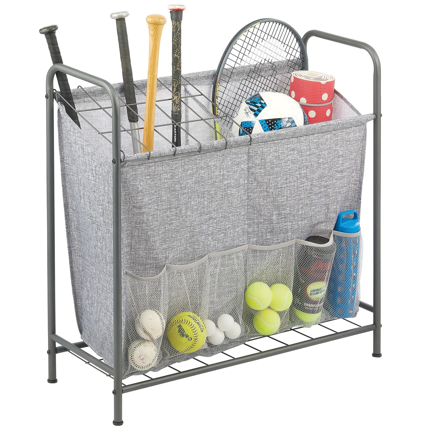mDesign Sports Equipment Storage Organizer Bin Rack with Front Pockets