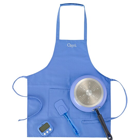 Ozeri Junior Chef Cooking Set 9.5 Inch Pan Apron Spatula Timer Eco-Friendly Pink Blue