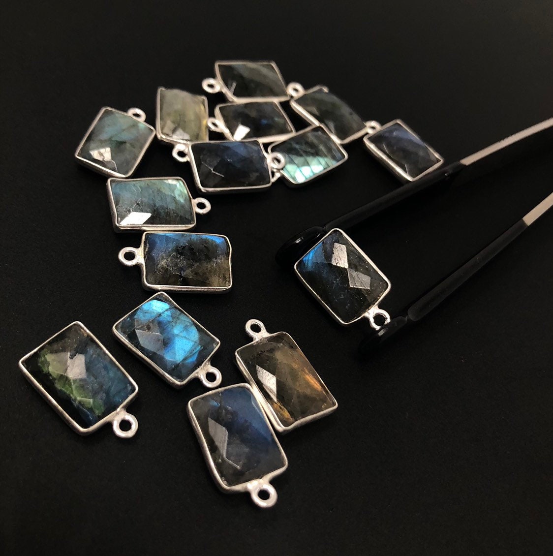 Labradorite Gemstone Sterling Silver Briolette Charms, Pewter - 16x9mm - 4 Pieces