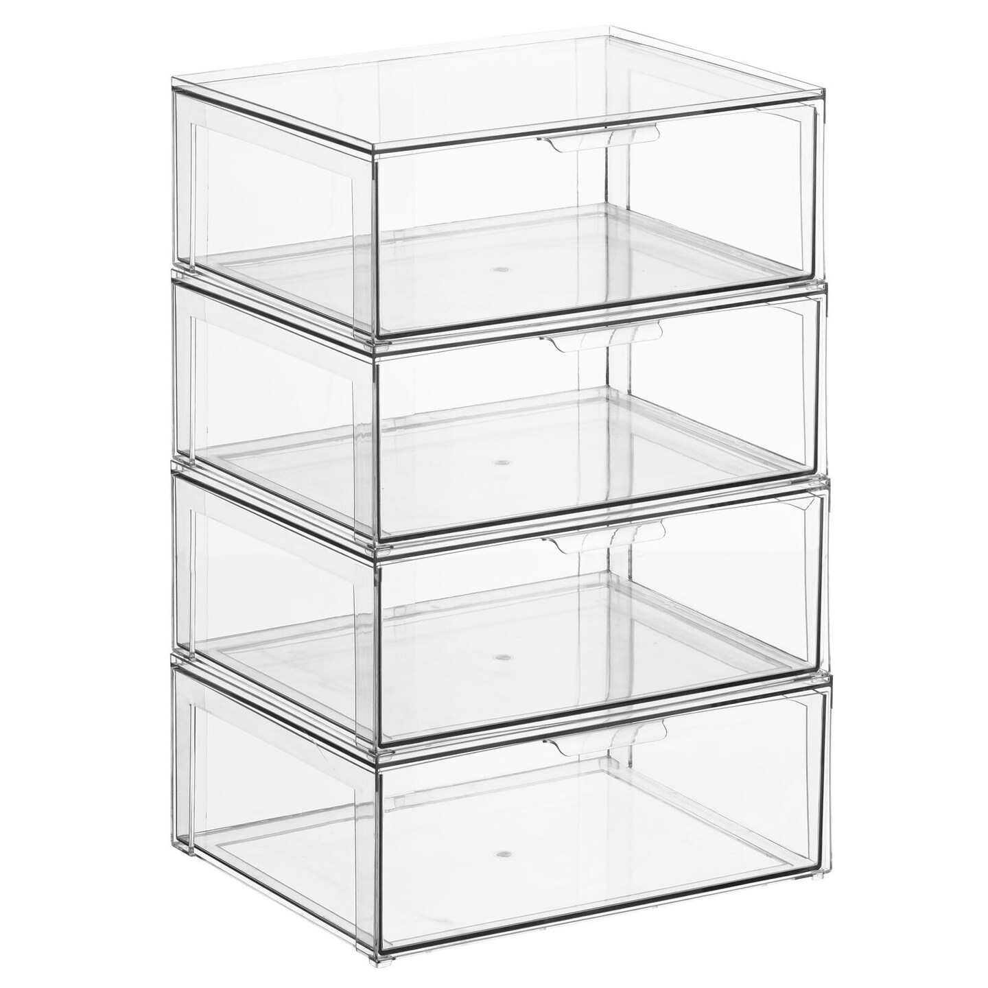 mDesign Plastic Stacking Closet Storage Organizer Bin with Drawer, 4 Pack, Clear