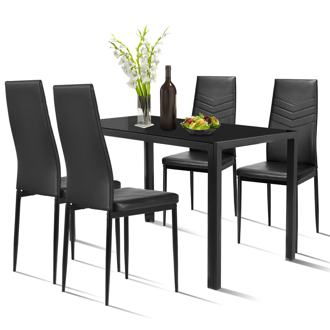 Gymax 5 Piece Kitchen Dining Set Glass Metal Table and 4 Chairs Breakfast Furniture