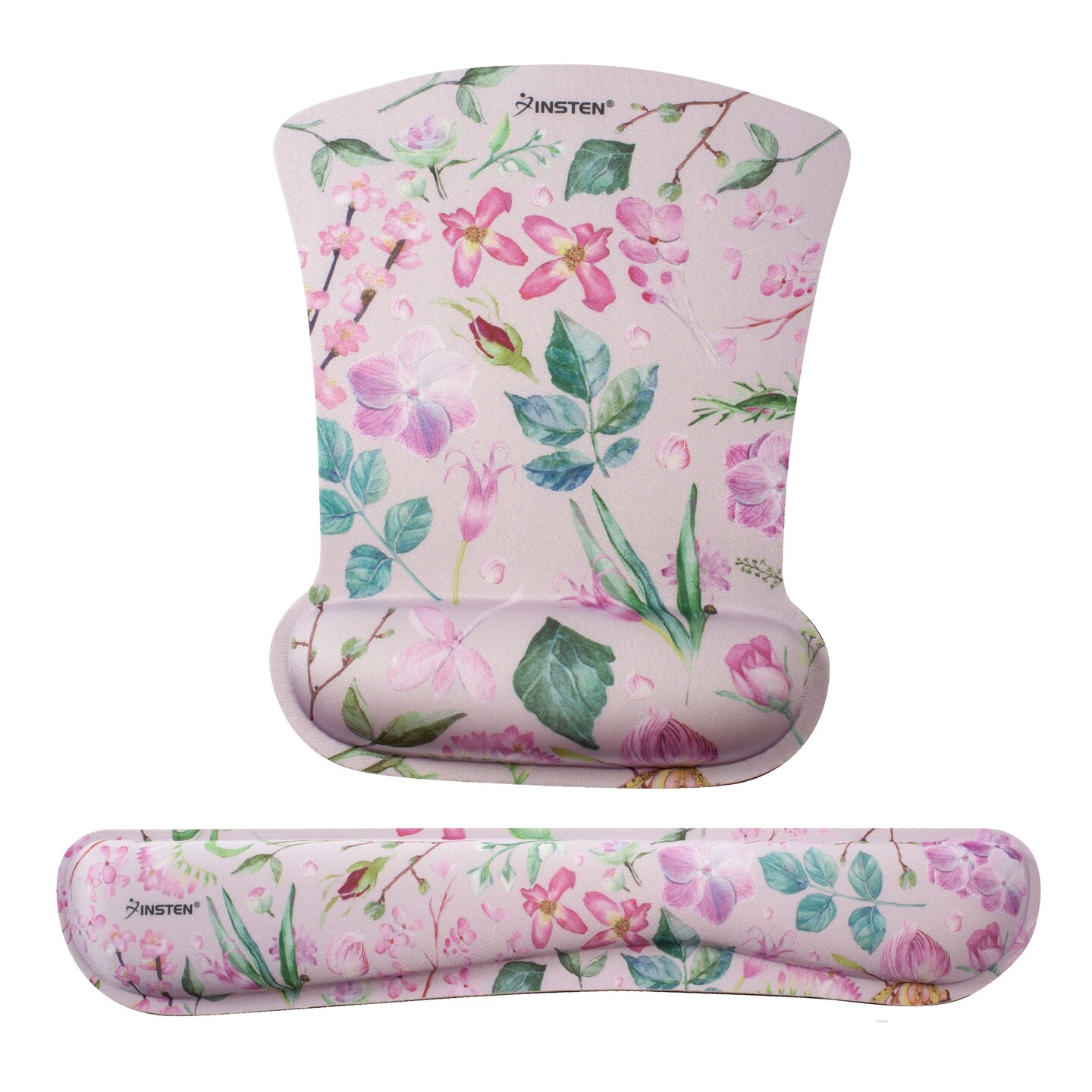 Insten Floral Mouse Pad with Wrist Support and Keyboard Wrist Rest, Ergonomic, Easy Typing, Memory Foam For Gaming Office, Trapezoid L, Pink