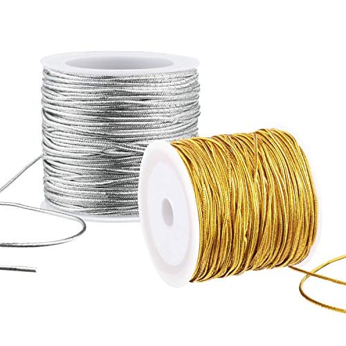 2 Rolls Metallic Elastic Cords Stretch Cord Ribbon Metallic Tinsel Cord  Rope for Craft Making Gift Wrapping, 1 mm 55 Yards (Gold and Silver)