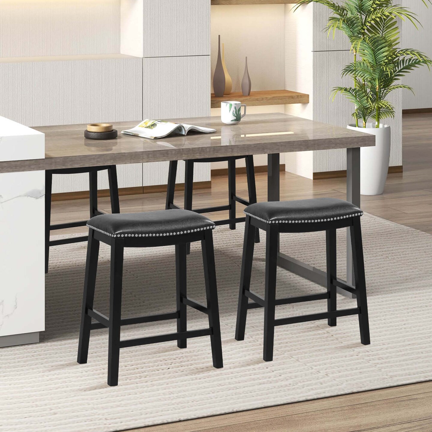 Costway 26-Inch Bar Stool Set of 2 Counter Height Saddle Stools with Upholstered Seat Brown/Black/Gray