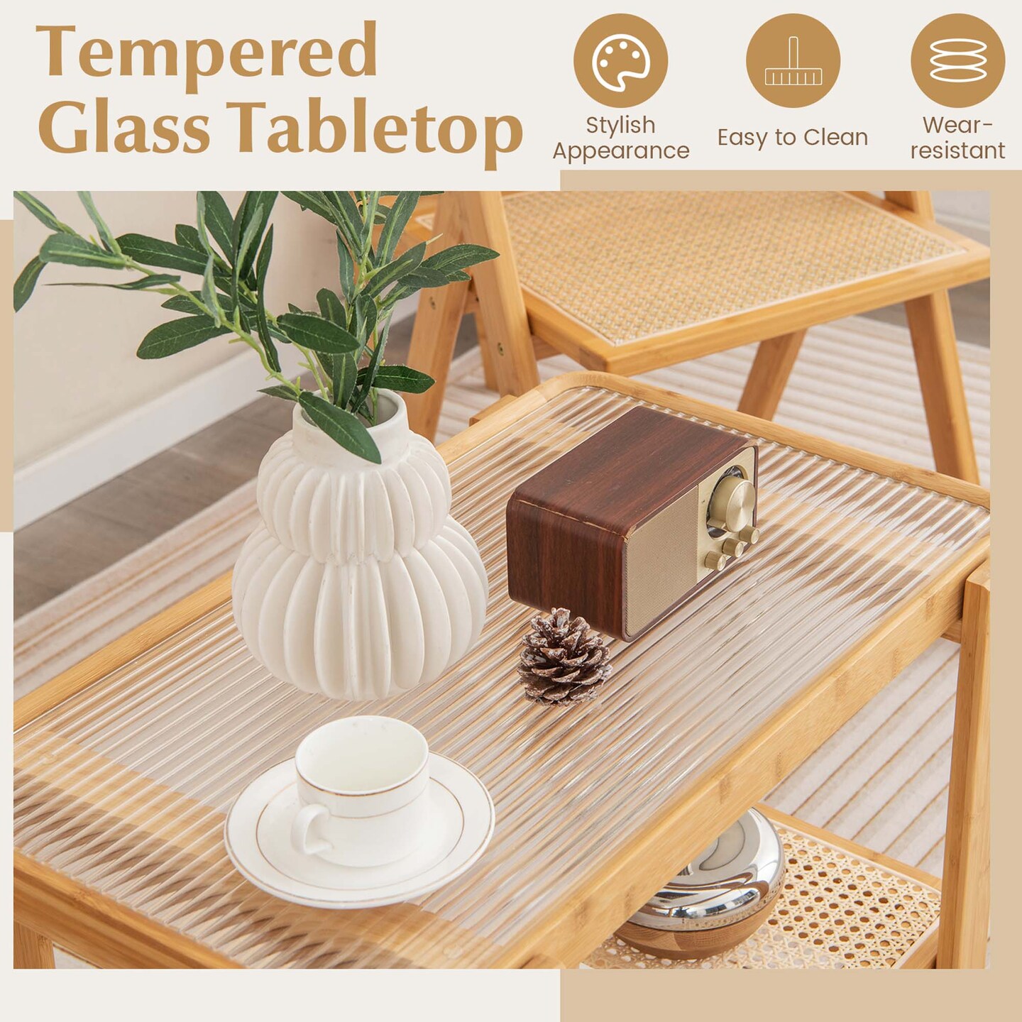 Costway Bamboo Side Table with Rattan Shelf Glass Top Nightstand Small Sofa End Table