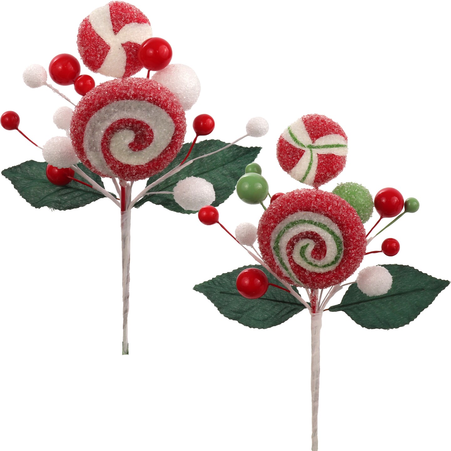 12-Pack: Assorted Sugar Lollipop Spray Picks with Foliage - Festive Holiday Accents, Ideal for Christmas Decor & Floral Arrangements - Perfect for Home, Office - 2024 Christmas Collection, Floral Home by Artificial Flowers