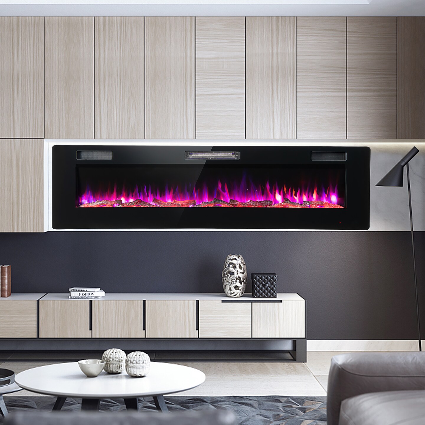 Costway 68'' Ultra-Thin Electric Fireplace Recessed Wall Mounted W/Crystal Log Decoration